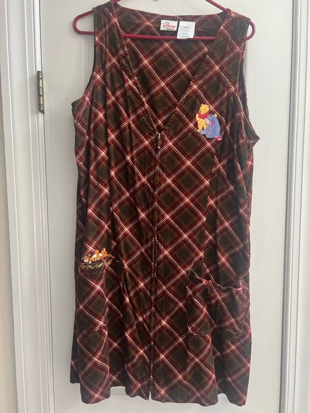Disney Plaid Sleeveless Dress with Winnie the Pooh Patch - Burgundy, Red, Green